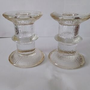 Vintage MCM Luminarc ? Nordic Textured Ice Bark Glass Candle Holders Pair Decor